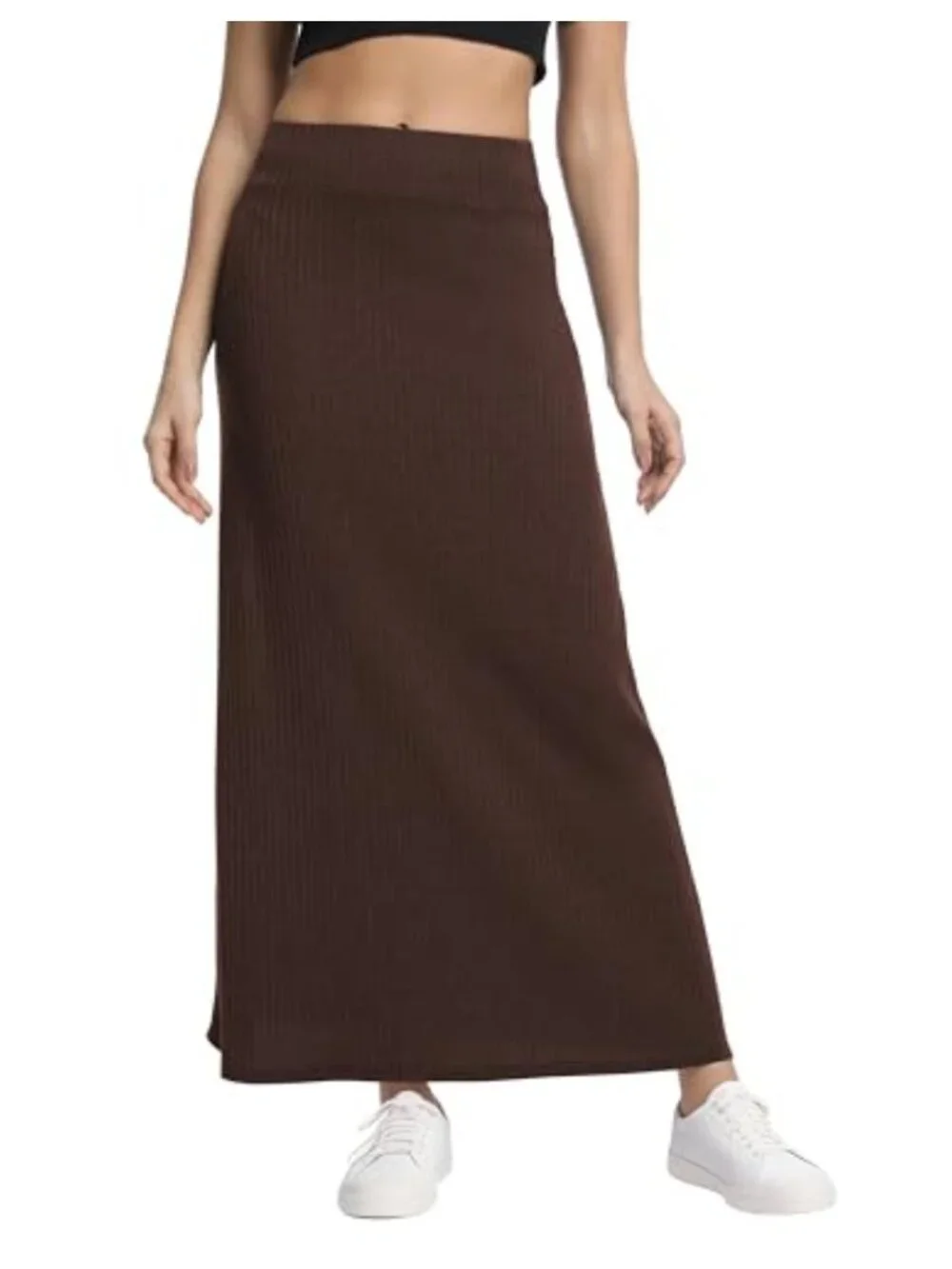 High Waist A-Line Maxi Skirt Ribbed Knit Long Flowy